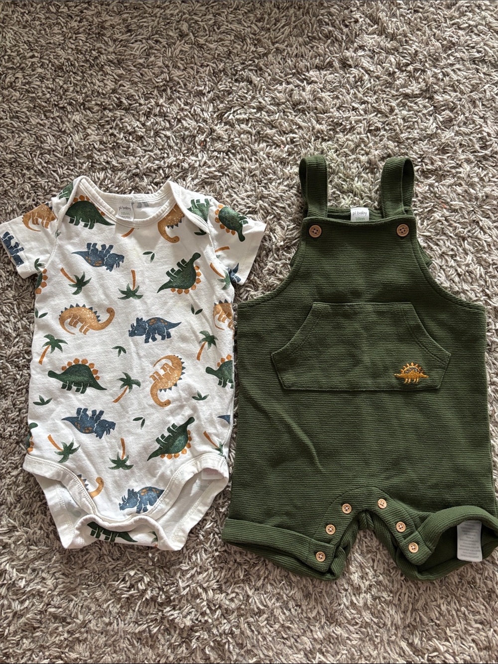 Green Dino Overalls & White Dinosaur Bodysuit Set Size 18m